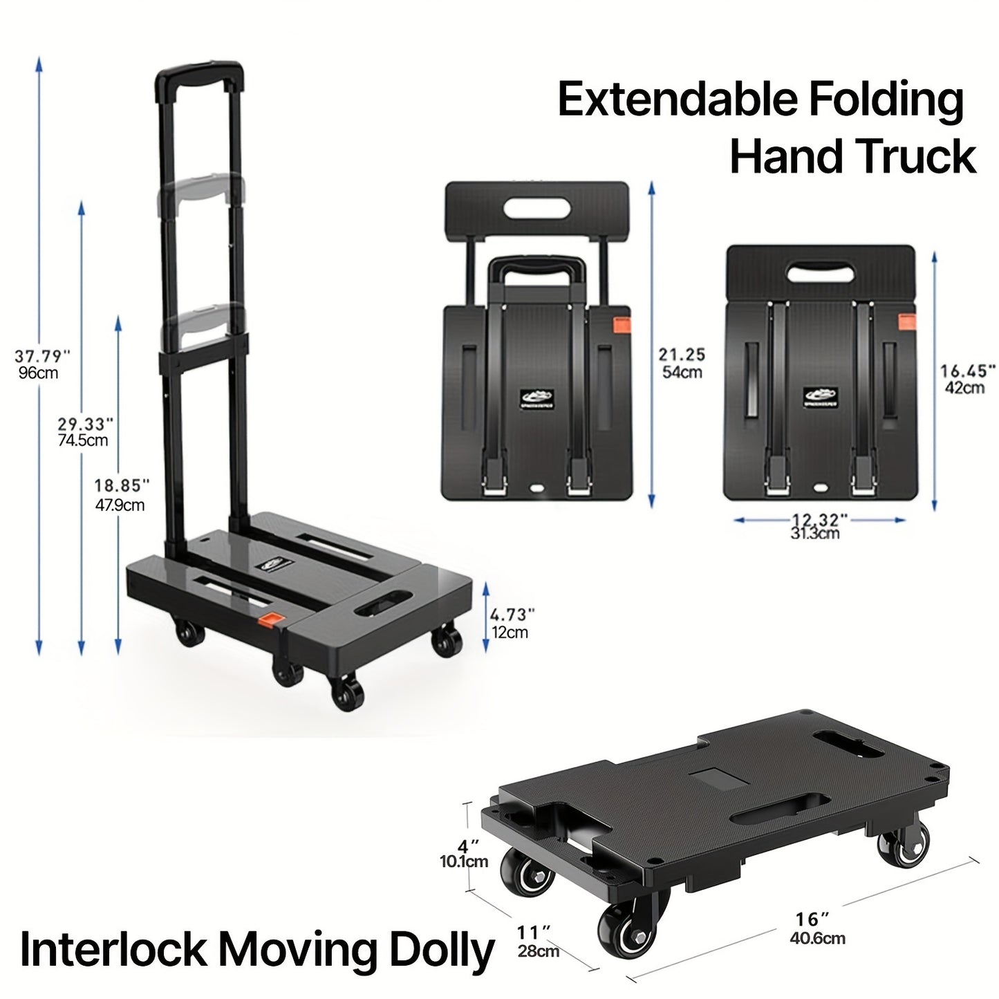 Spacekeeper Folding Hand Truck – 500 LB Heavy Duty Utility Dolly with 6 Wheels & 2 Elastic Ropes for Luggage, Moving, Shopping, Office Use (Black)