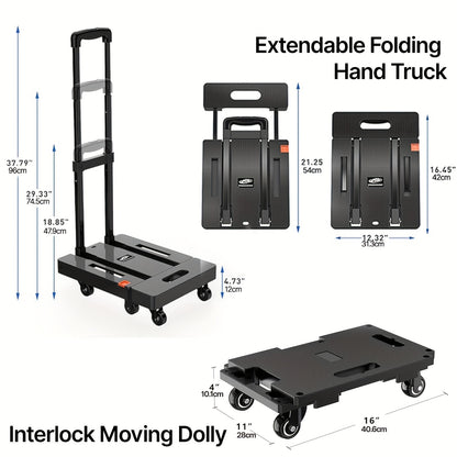 Spacekeeper Folding Hand Truck – 500 LB Heavy Duty Utility Dolly with 6 Wheels & 2 Elastic Ropes for Luggage, Moving, Shopping, Office Use (Black)