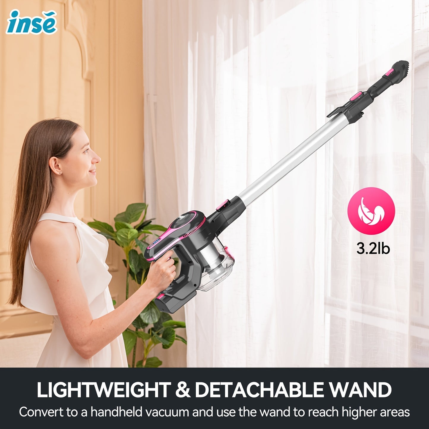 INSE 6 in 1 Cordless Stick Vacuum Cleaner – Lightweight and Powerful, Rechargeable 2200mAh Battery