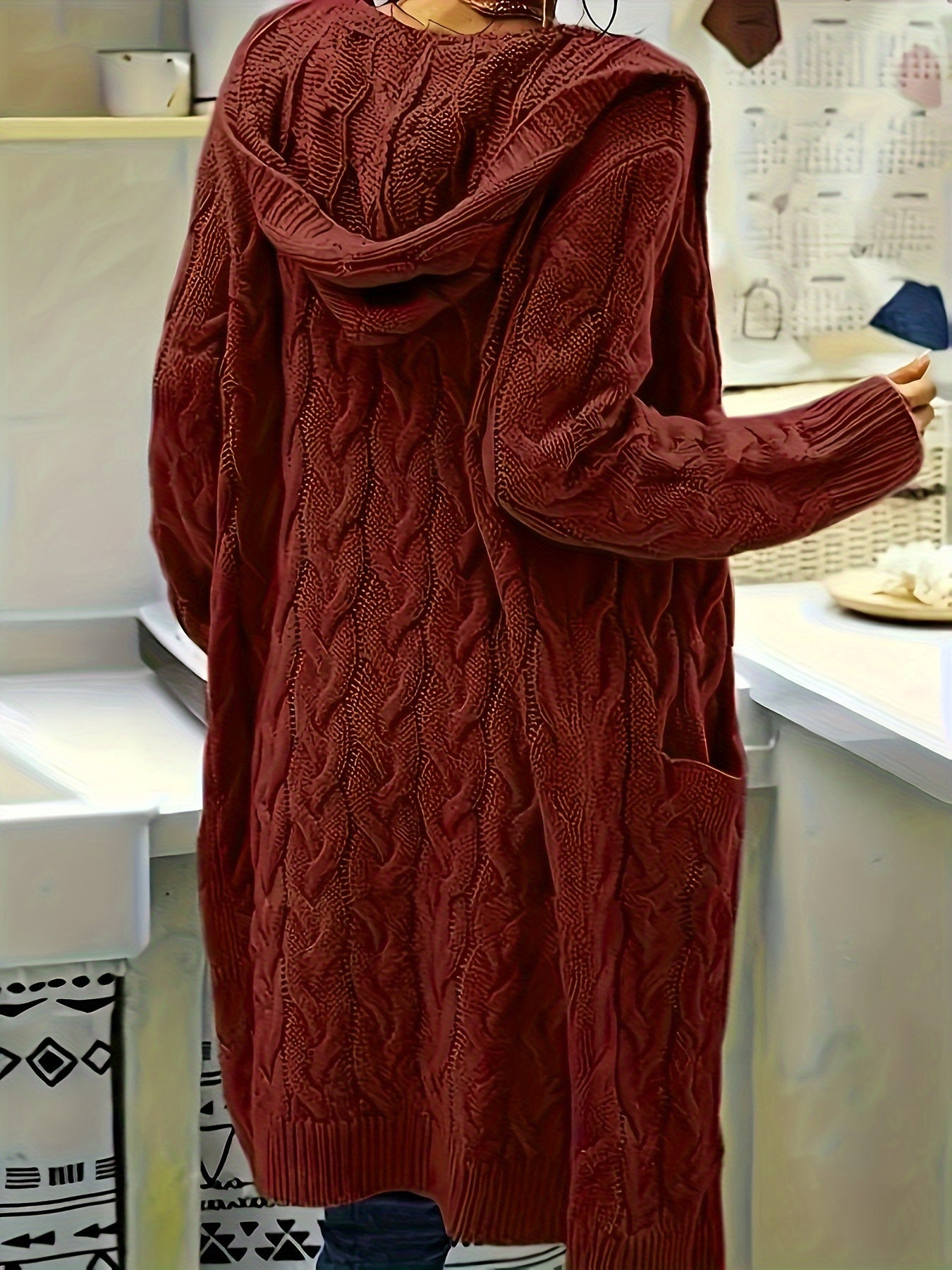 Plus Size Women's Casual Cardigan - Solid Cable Knit Long Sleeve Open Front Hooded Cardigan with Pockets