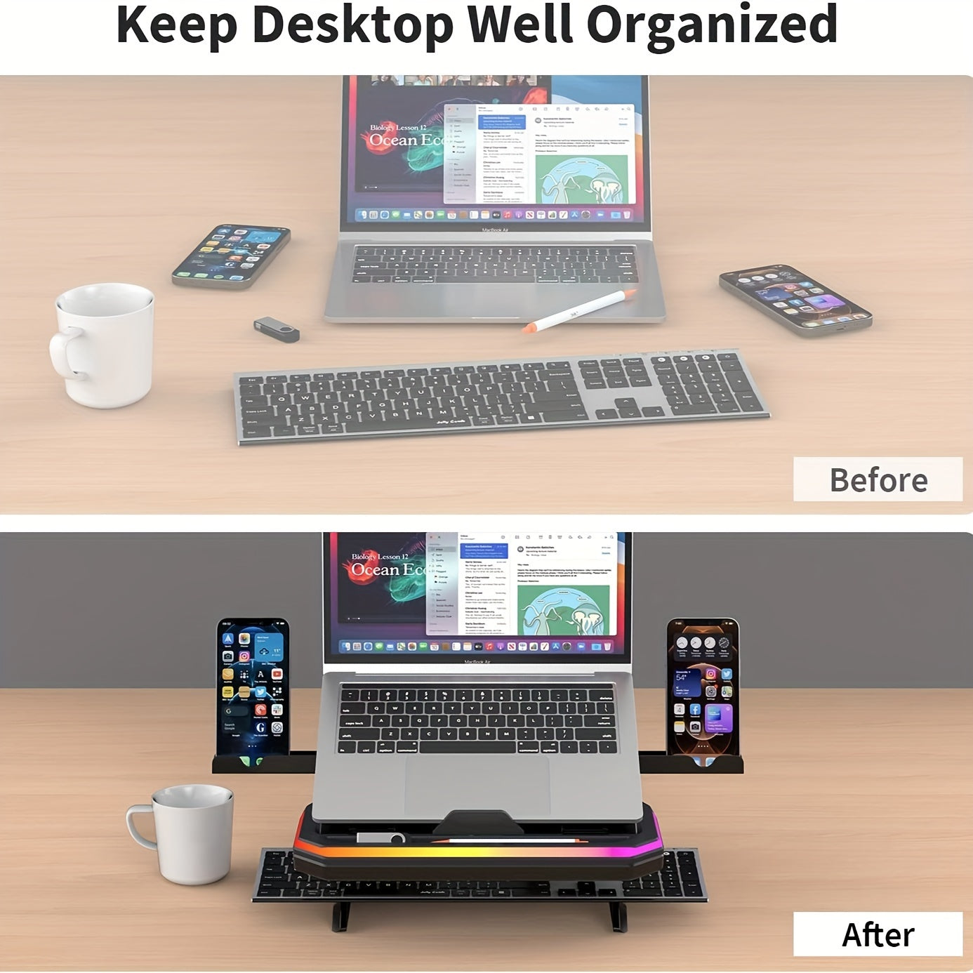 Height-Adjustable Laptop Stand with RGB Lighting and Dual Phone Holders – Compatible with MacBook, Surface, Samsung, Dell 10-17 Inch Laptops