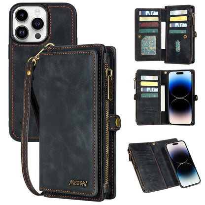 MEGSHI Faux Leather Wallet Phone Case for iPhone - Card Slots, Lanyard, Magnetic Detachable Cover, Zipper Pocket and Cash Slot