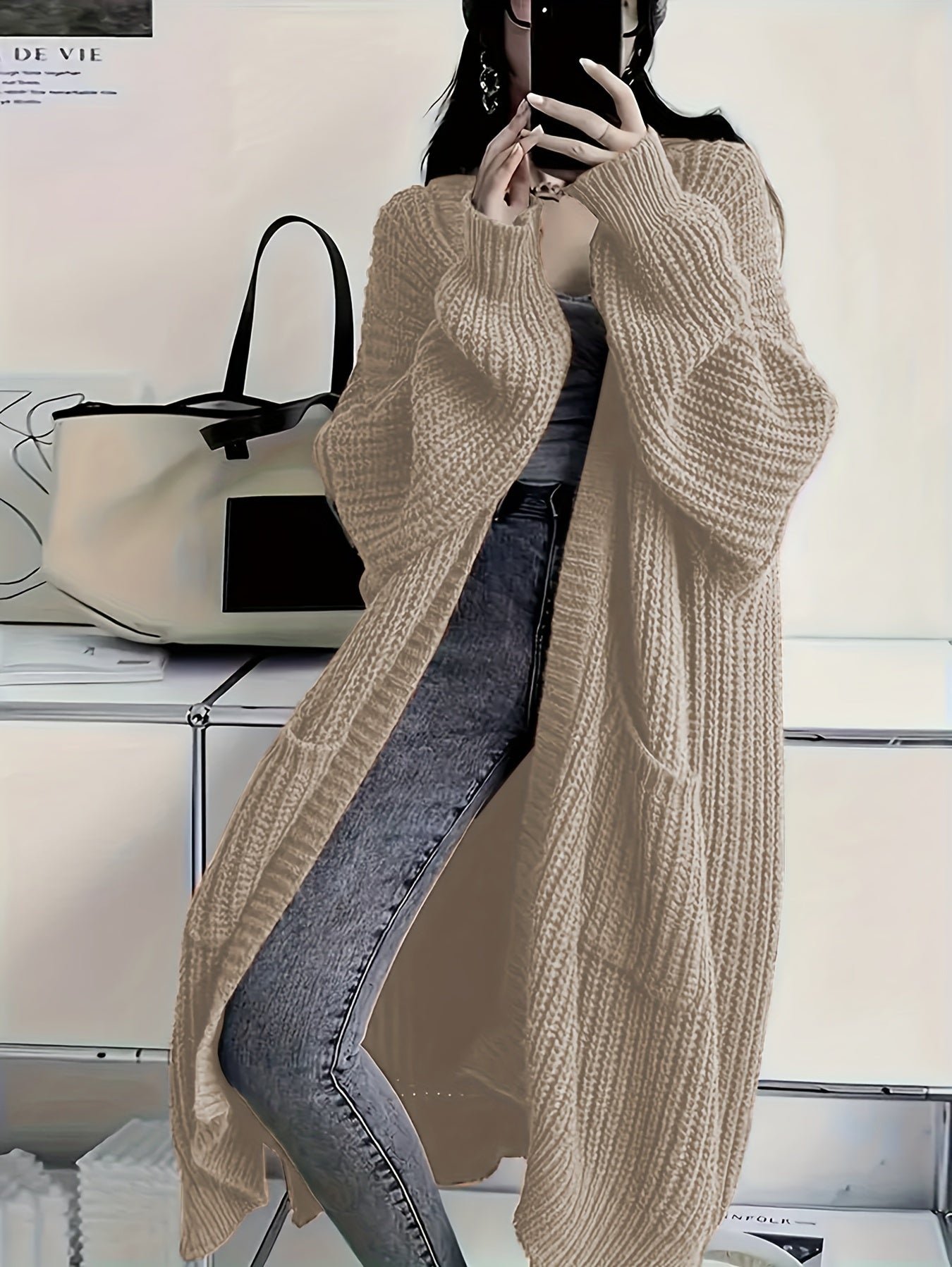 Plus Size Open Front Knit Cardigan - Long Sleeve, Casual Loose Fit with Pockets, Women's Clothing