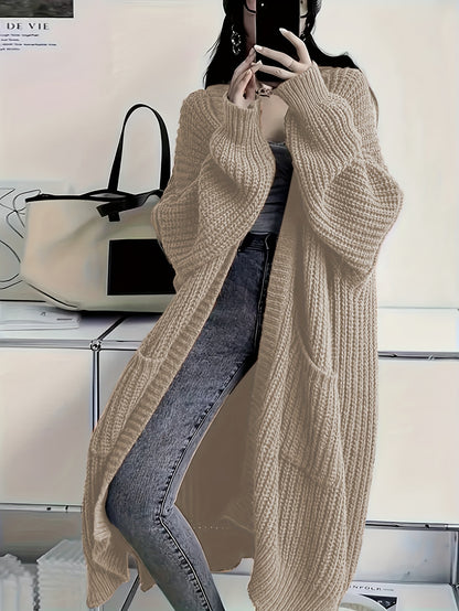 Plus Size Open Front Knit Cardigan - Long Sleeve, Casual Loose Fit with Pockets, Women's Clothing