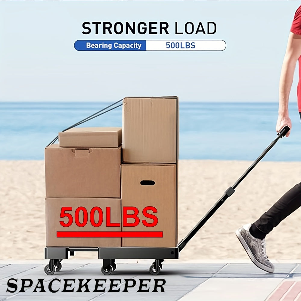 Spacekeeper Folding Hand Truck – 500 LB Heavy Duty Utility Dolly with 6 Wheels & 2 Elastic Ropes for Luggage, Moving, Shopping, Office Use (Black)