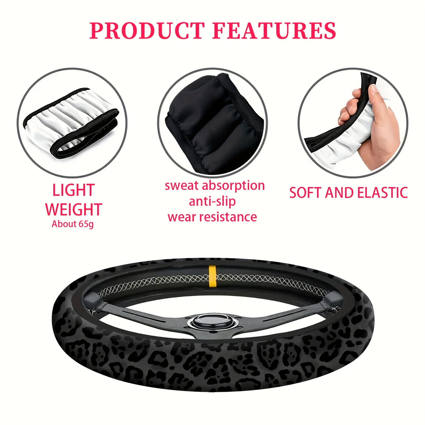 Black Leopard Print Steering Wheel Cover – Non-Slip, Stretchable Car Accessory for Men and Women