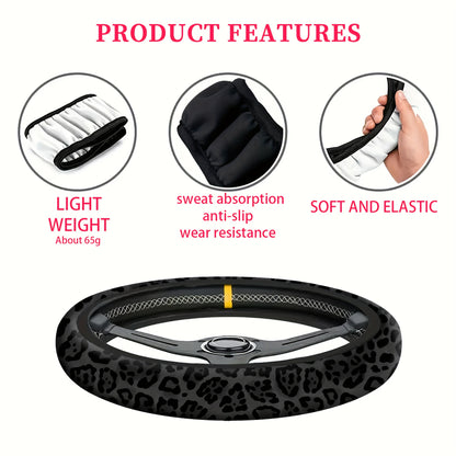 Black Leopard Print Steering Wheel Cover – Non-Slip, Stretchable Car Accessory for Men and Women