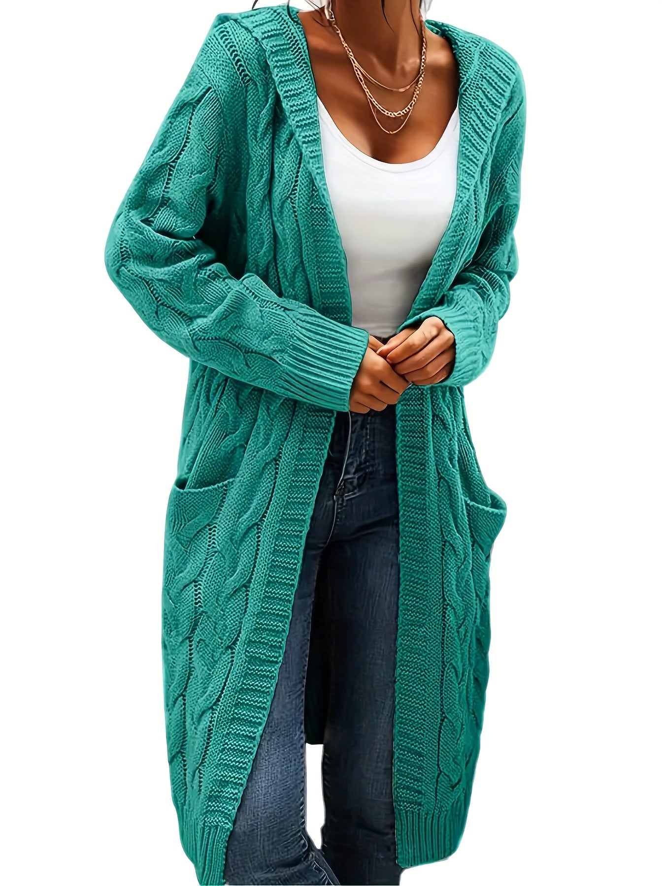 Plus Size Women's Casual Cardigan - Solid Cable Knit Long Sleeve Open Front Hooded Cardigan with Pockets