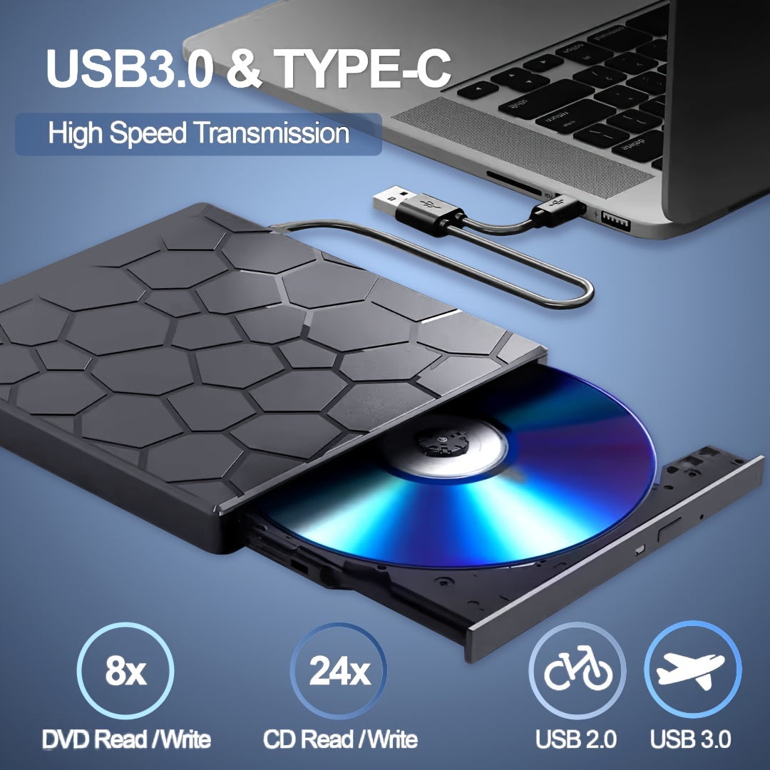 8-in-1 Ultra-Slim Portable External CD/DVD Drive – High-Speed USB 3.0 DVD Player and CD Burner for Laptop and Desktop – Compatible with Mac, Windows 11/10/8/7, Linux
