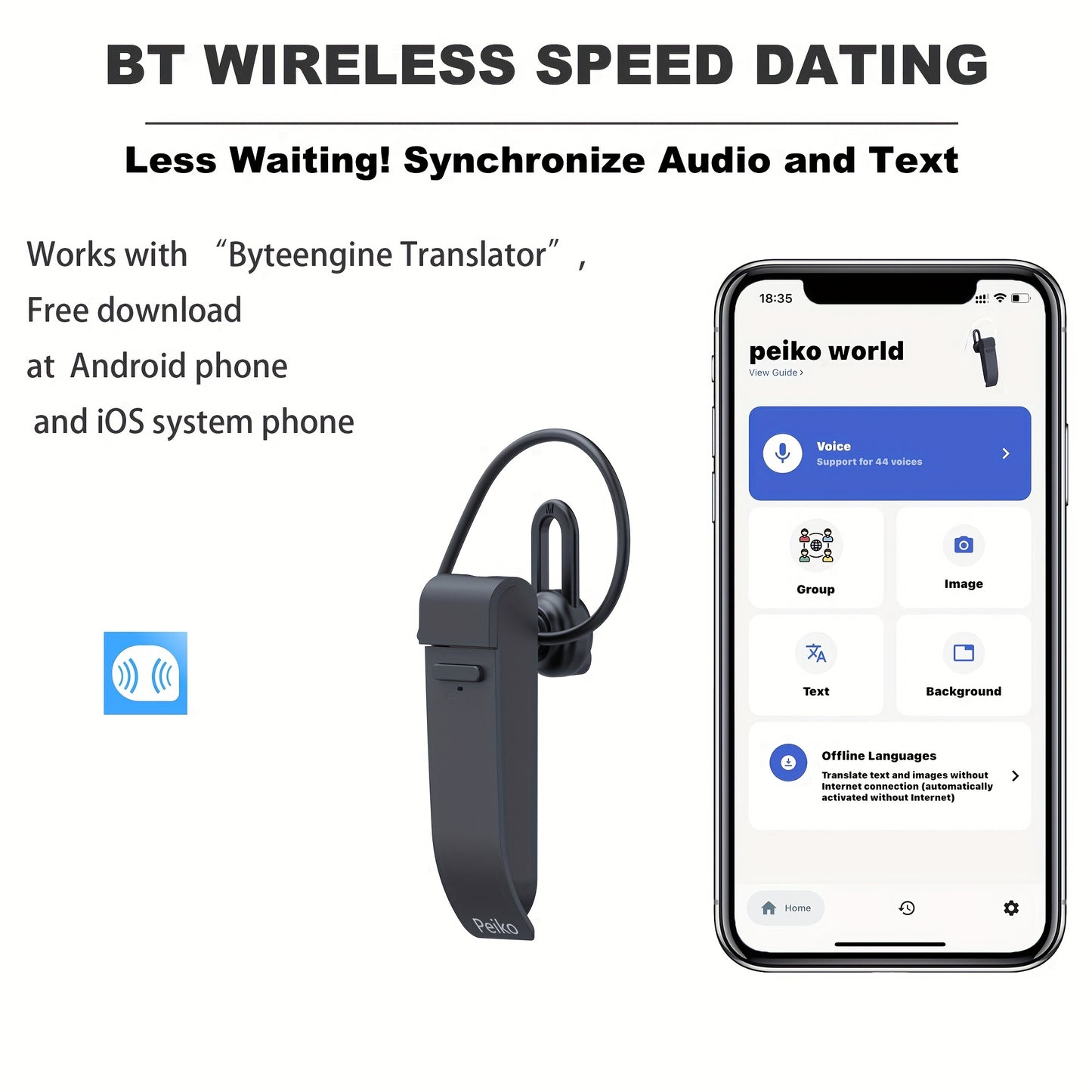 PEIKO World Language Translator Earbud - Instant Translation for 32 Languages and 44 Accents | High-Fidelity Audio, Offline for 11 Languages | Portable, Seamless Communication