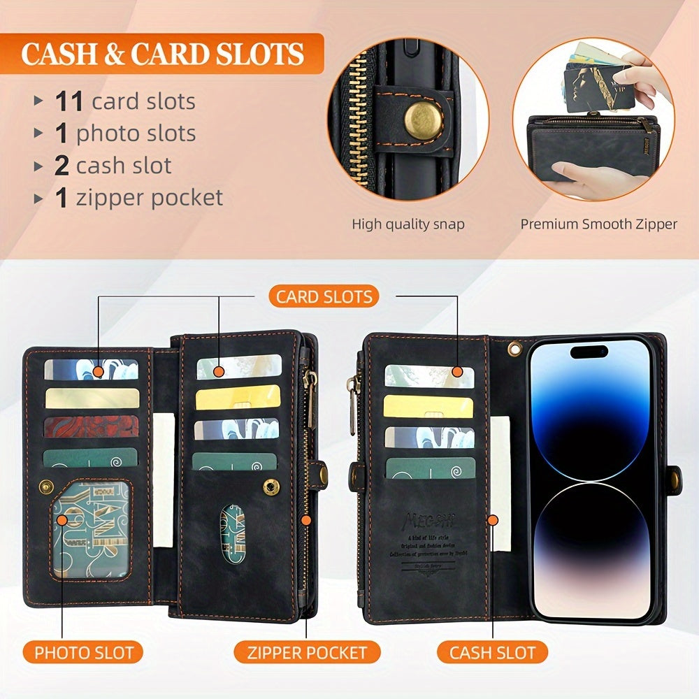 MEGSHI Faux Leather Wallet Phone Case for iPhone - Card Slots, Lanyard, Magnetic Detachable Cover, Zipper Pocket and Cash Slot