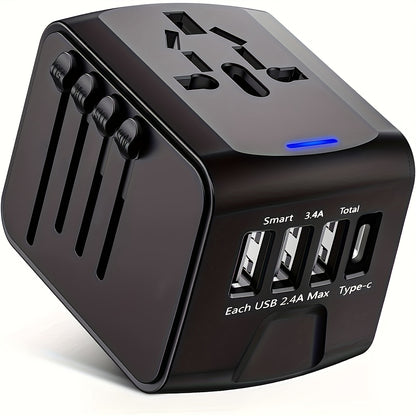 3 Port Universal Travel Adapter with Type-C and AC Socket – Compact Worldwide Plug for Charging Laptops, Phones, Tablets – Black, Safe, Reliable for International Travel