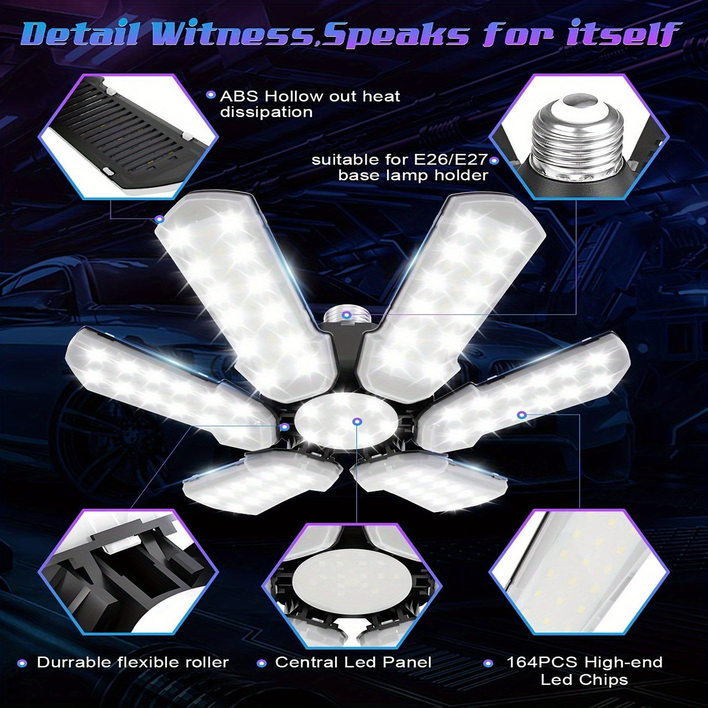 LED Garage Lights 1-Pack – Screw-In Light Bulb with 6+1 Adjustable Panels, 15000LM, 6500K – Deformable Ceiling LED Shop Light for Garage, Barn, Attic, Basement