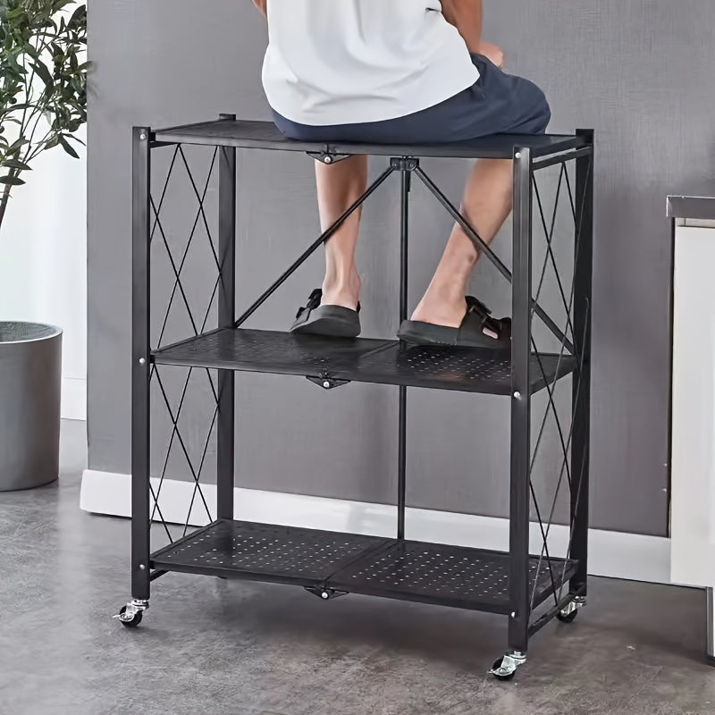 3 Tier Foldable Metal Storage Rack - Heavy Duty Organizer with Wheels for Garage & Kitchen, Easy Movement & Perfect Storage Solution