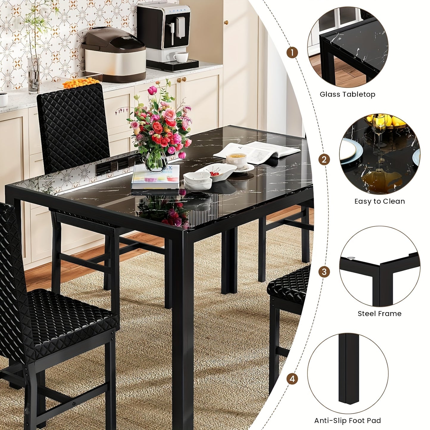 5 Piece Modern Luxurious Dining Room Table Set - Tempered Glass Top, Metal Frame, Faux Leather Chairs, Counter Height for 4 Person Breakfast Nook