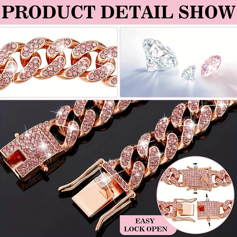 Exquisite Diamond Cuban Chain Dog Collar – 13mm Wide Geometric Pattern Metal Necklace for Small, Medium, Large Dogs & Cats, Durable with Crystal Accents