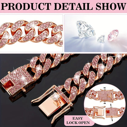 Exquisite Diamond Cuban Chain Dog Collar – 13mm Wide Geometric Pattern Metal Necklace for Small, Medium, Large Dogs & Cats, Durable with Crystal Accents