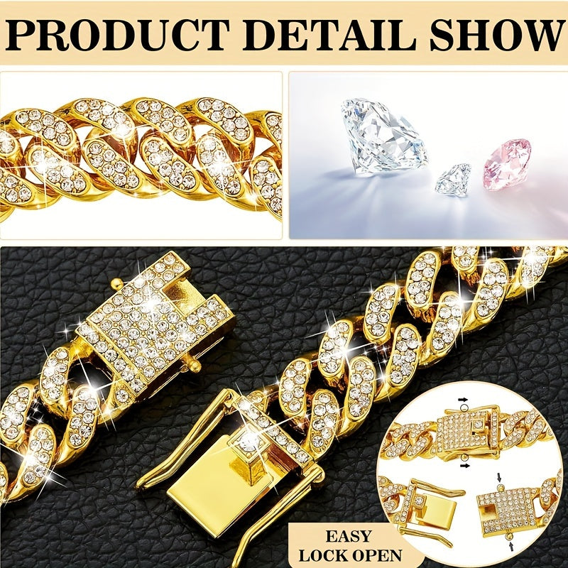 Exquisite Diamond Cuban Chain Dog Collar – 13mm Wide Geometric Pattern Metal Necklace for Small, Medium, Large Dogs & Cats, Durable with Crystal Accents