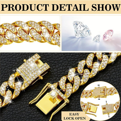 Exquisite Diamond Cuban Chain Dog Collar – 13mm Wide Geometric Pattern Metal Necklace for Small, Medium, Large Dogs & Cats, Durable with Crystal Accents