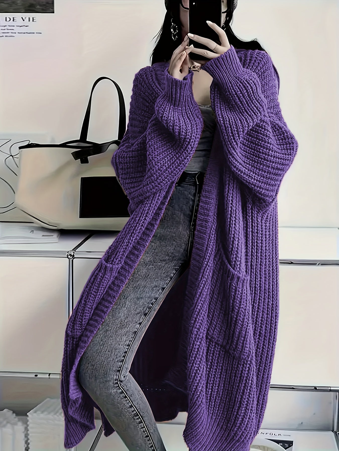 Plus Size Open Front Knit Cardigan - Long Sleeve, Casual Loose Fit with Pockets, Women's Clothing