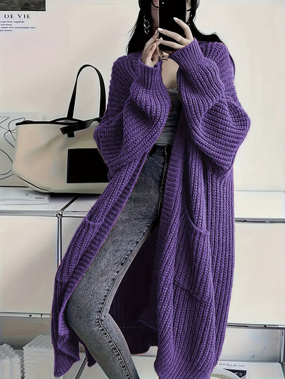Plus Size Open Front Knit Cardigan - Long Sleeve, Casual Loose Fit with Pockets, Women's Clothing
