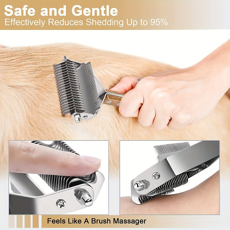 2 in 1 Pet Dematting Comb for Dogs & Cats - Stainless Steel Deshedding Brush with Wooden Handle, Removes Tangles & Loose Undercoat
