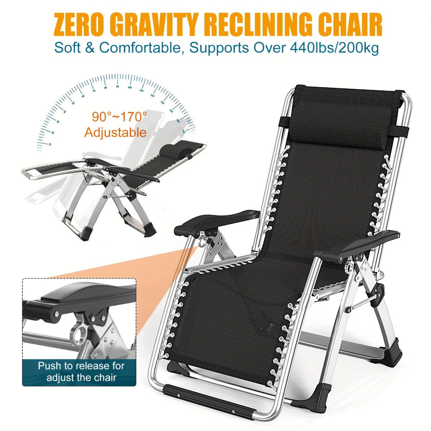Zero Gravity Chair – Reclining Lounge Chair with Removable Cushion & Cup Holder, Indoor/Outdoor Patio Recliner, Supports Up to 440lbs