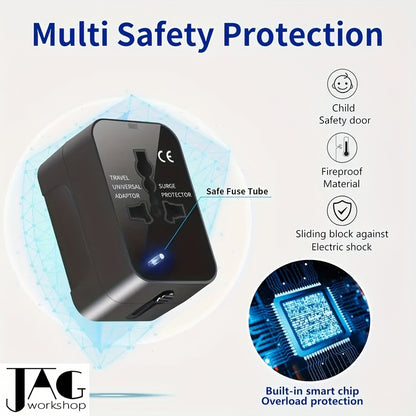 Universal Travel Adapter with Dual USB Ports - All-In-One Wall Charger with US/EU/UK/AU Plugs, 110V-240V Input, Surge Protection, Compatible with iPhone, Samsung, Tablets for Over 150 Countries