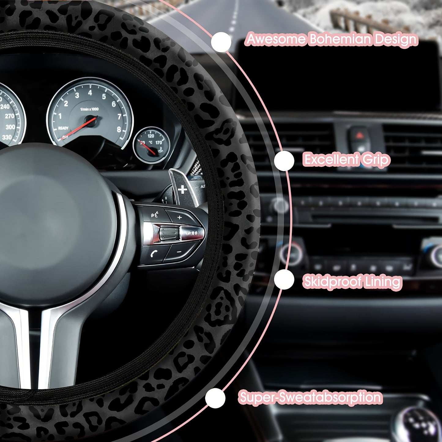 Black Leopard Print Steering Wheel Cover – Non-Slip, Stretchable Car Accessory for Men and Women