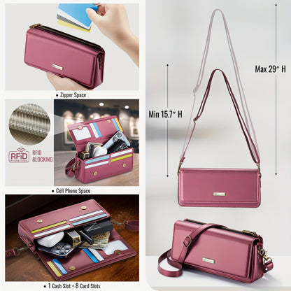 Crossbody Cell Phone Wallet for Women - RFID Blocking, Multi Card Slots, Detachable Wristlet and Shoulder Strap, Zipper Pocket