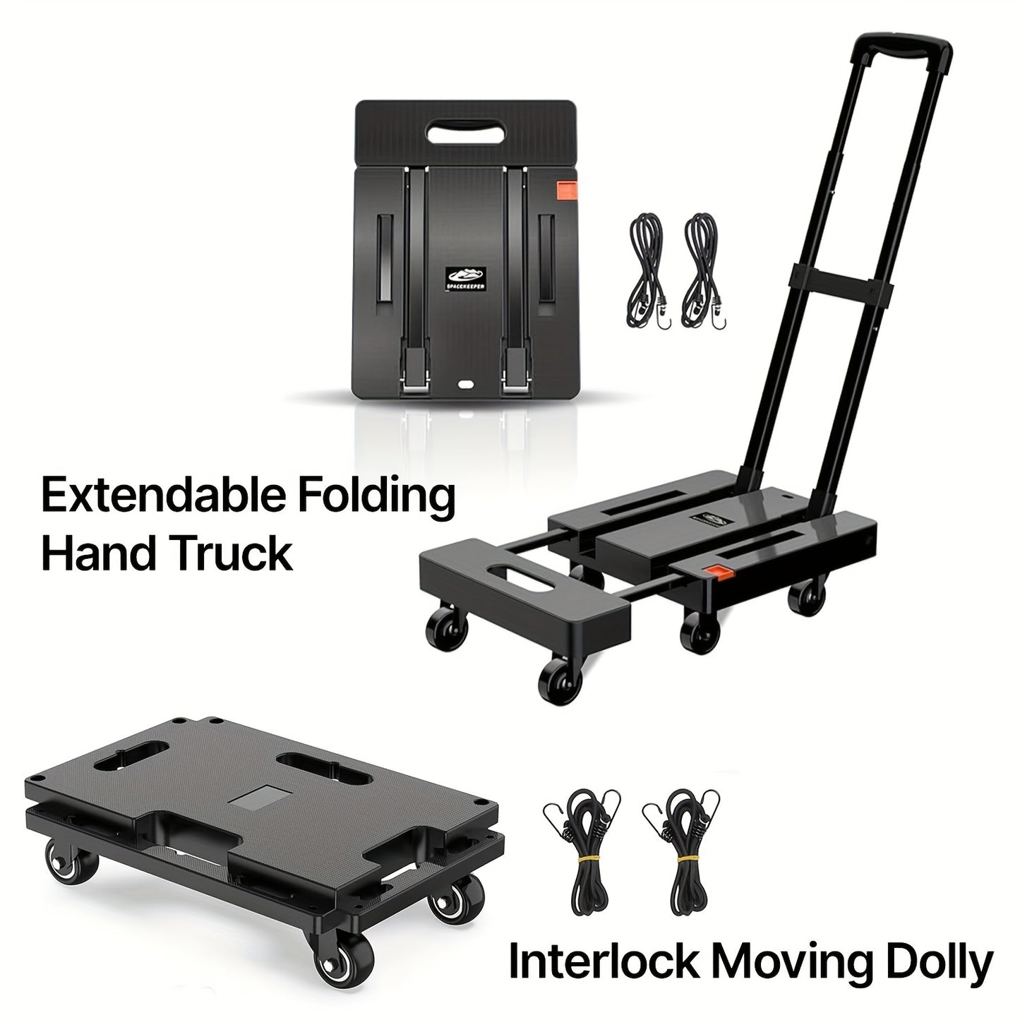 Spacekeeper Folding Hand Truck – 500 LB Heavy Duty Utility Dolly with 6 Wheels & 2 Elastic Ropes for Luggage, Moving, Shopping, Office Use (Black)