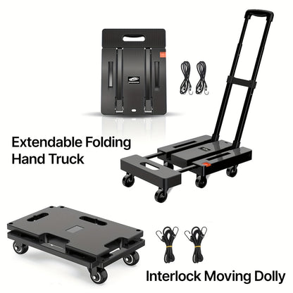 Spacekeeper Folding Hand Truck – 500 LB Heavy Duty Utility Dolly with 6 Wheels & 2 Elastic Ropes for Luggage, Moving, Shopping, Office Use (Black)