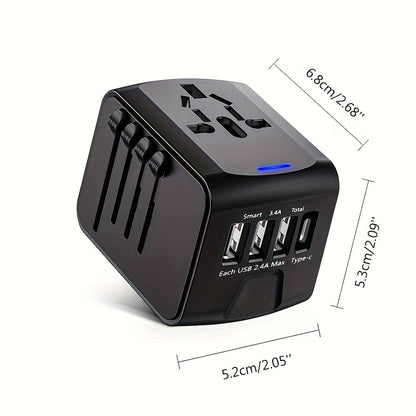 3 Port Universal Travel Adapter with Type-C and AC Socket – Compact Worldwide Plug for Charging Laptops, Phones, Tablets – Black, Safe, Reliable for International Travel