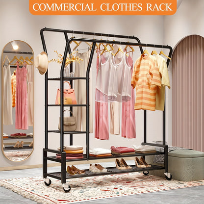 Heavy Duty Double Rod Clothes Rack – 255LBS Capacity, Metal Rolling Closet Rack with Wheels for Hanging Clothes, Laundry Storage Organization