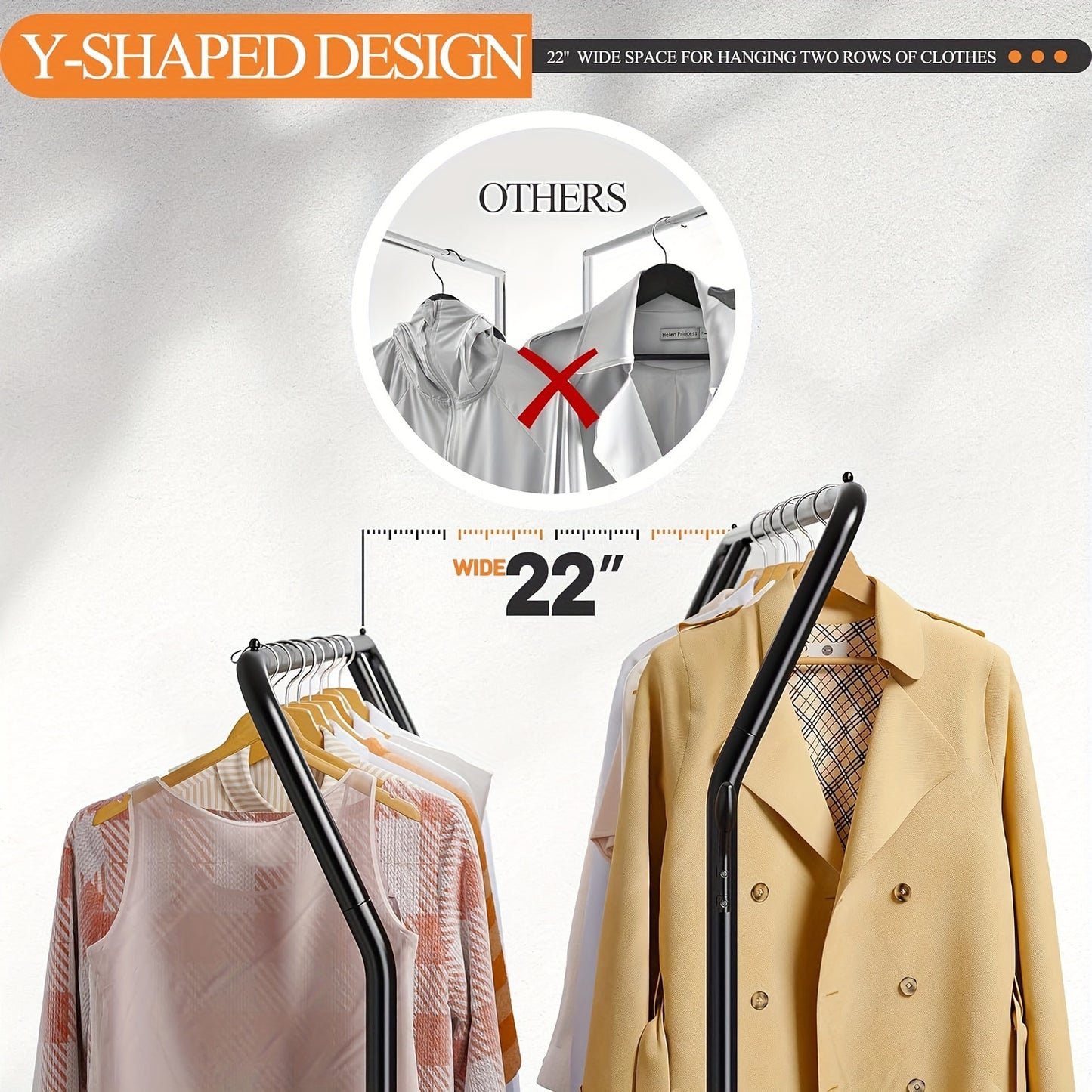 Heavy Duty Double Rod Clothes Rack – 255LBS Capacity, Metal Rolling Closet Rack with Wheels for Hanging Clothes, Laundry Storage Organization