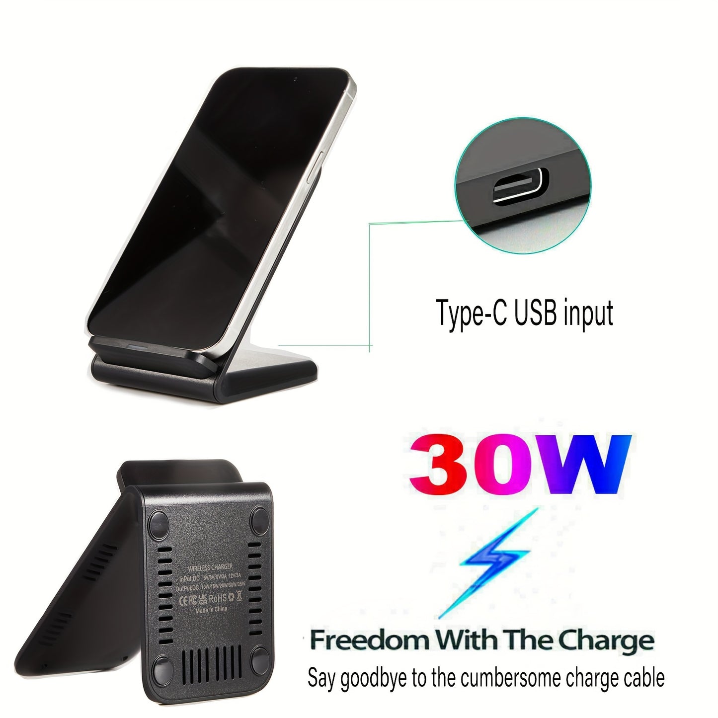 30W Fast Wireless Charger Stand Dock – Compatible with Apple iPhone, Samsung, Android Phones (UK)