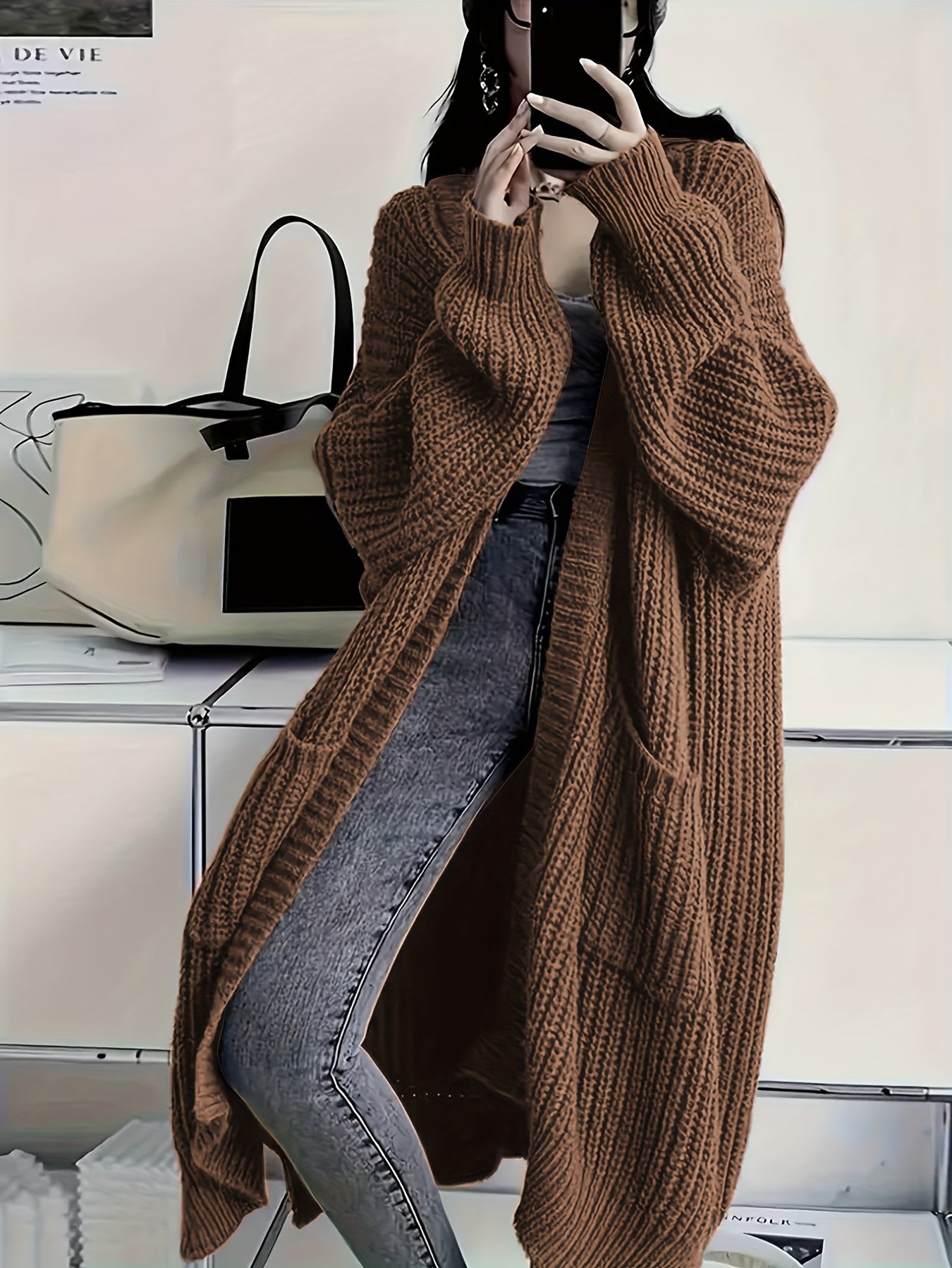 Plus Size Open Front Knit Cardigan - Long Sleeve, Casual Loose Fit with Pockets, Women's Clothing