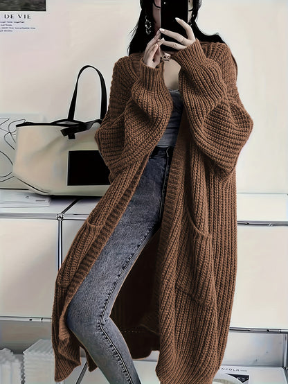 Plus Size Open Front Knit Cardigan - Long Sleeve, Casual Loose Fit with Pockets, Women's Clothing