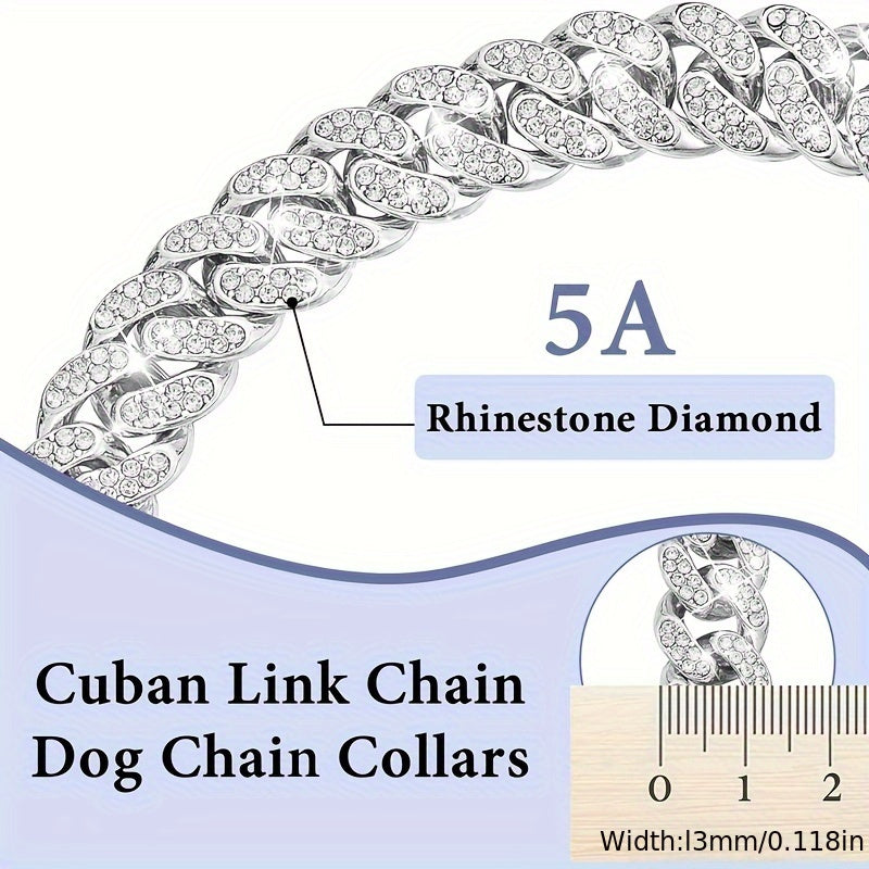 Exquisite Diamond Cuban Chain Dog Collar – 13mm Wide Geometric Pattern Metal Necklace for Small, Medium, Large Dogs & Cats, Durable with Crystal Accents
