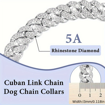 Exquisite Diamond Cuban Chain Dog Collar – 13mm Wide Geometric Pattern Metal Necklace for Small, Medium, Large Dogs & Cats, Durable with Crystal Accents