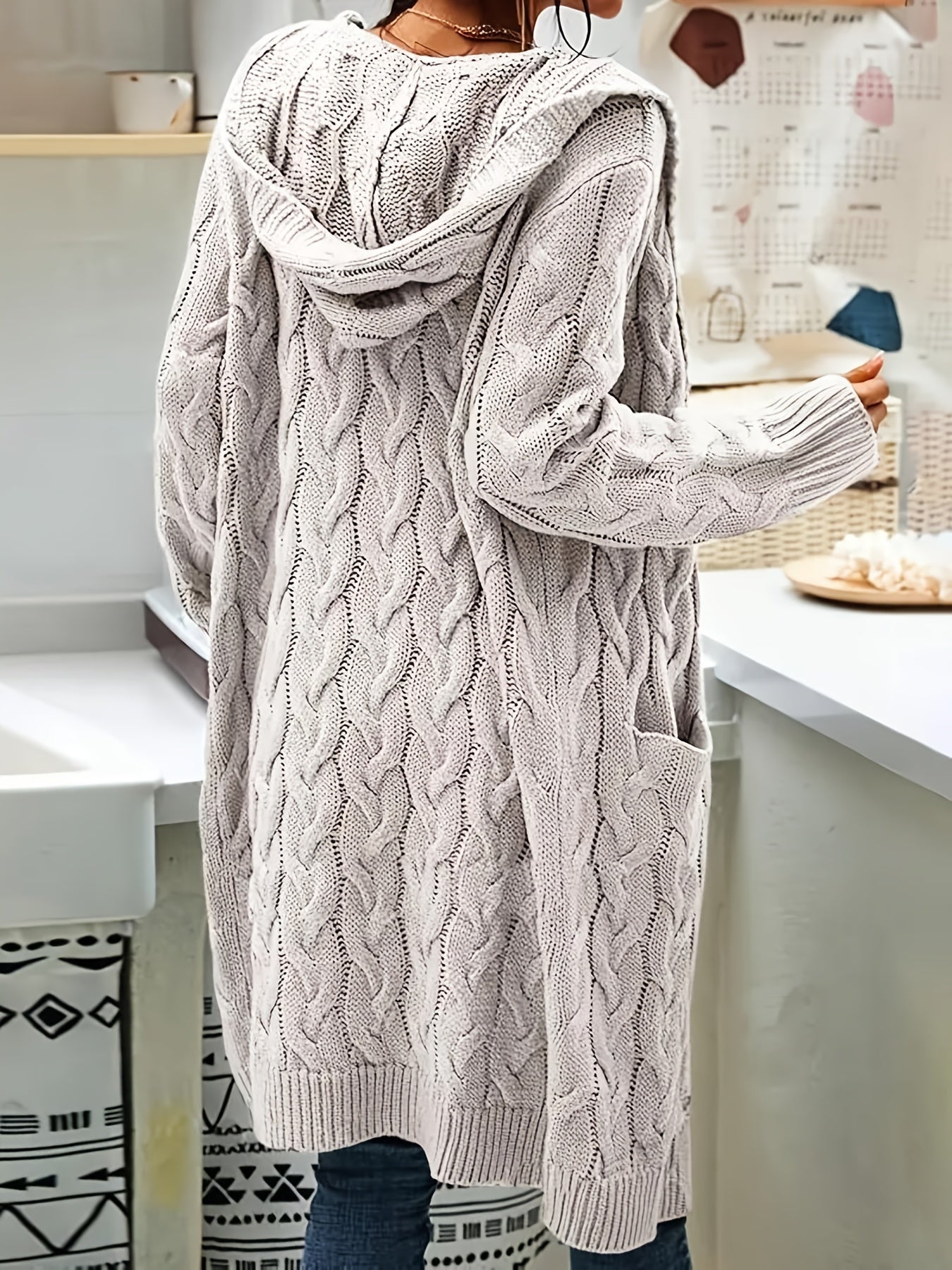 Plus Size Women's Casual Cardigan - Solid Cable Knit Long Sleeve Open Front Hooded Cardigan with Pockets