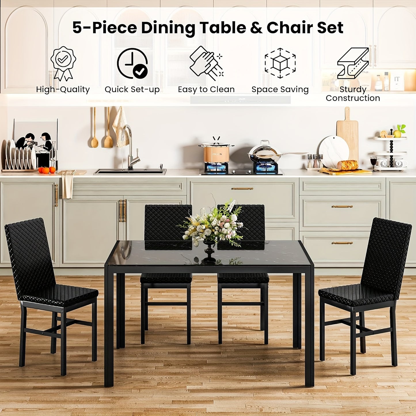 5 Piece Modern Luxurious Dining Room Table Set - Tempered Glass Top, Metal Frame, Faux Leather Chairs, Counter Height for 4 Person Breakfast Nook
