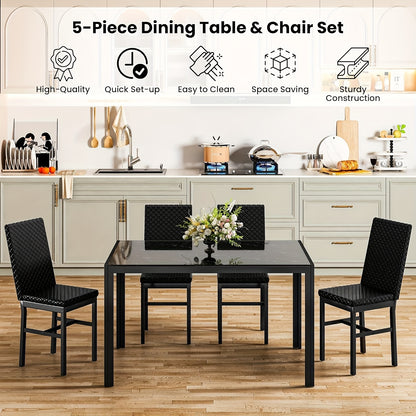 5 Piece Modern Luxurious Dining Room Table Set - Tempered Glass Top, Metal Frame, Faux Leather Chairs, Counter Height for 4 Person Breakfast Nook