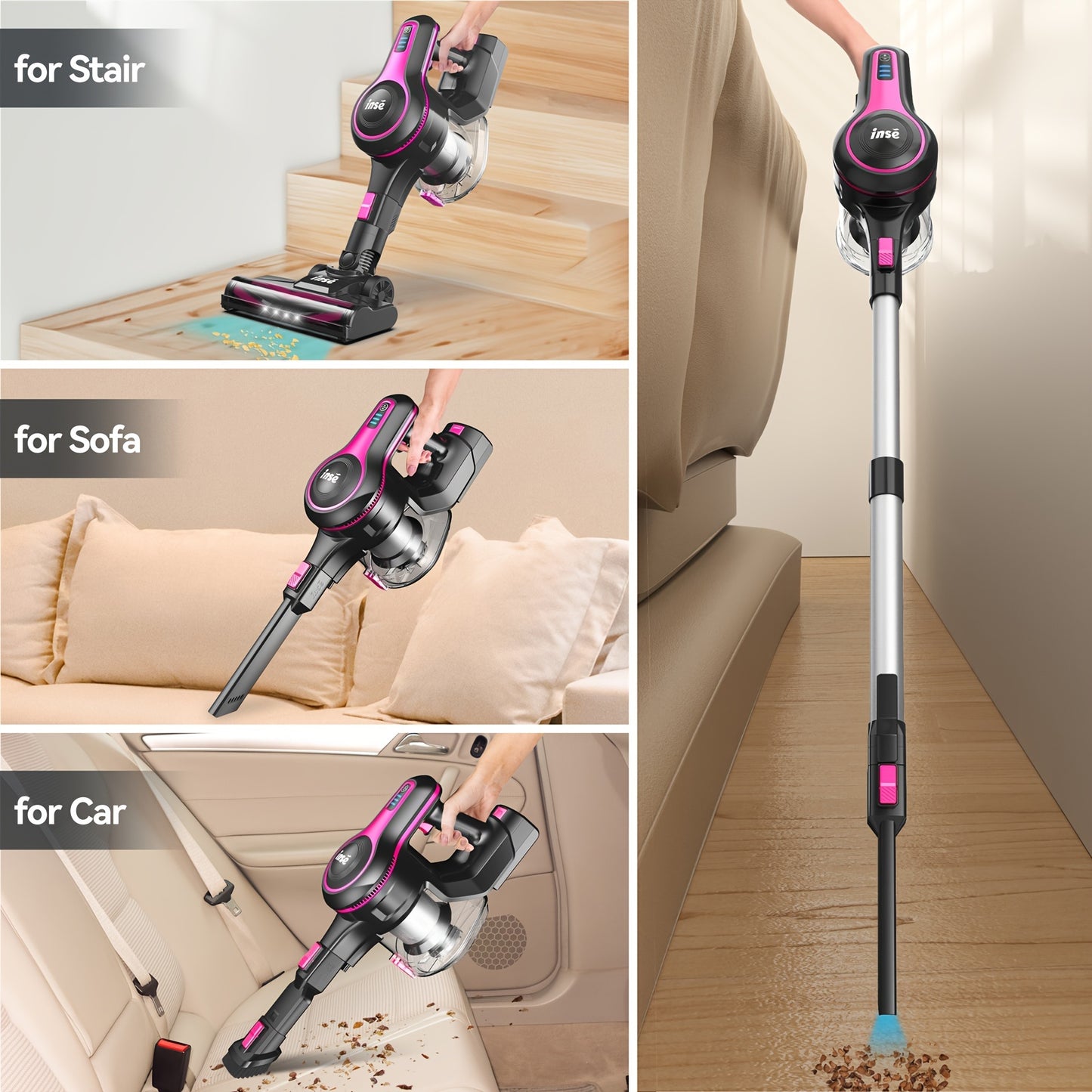 INSE 6 in 1 Cordless Stick Vacuum Cleaner – Lightweight and Powerful, Rechargeable 2200mAh Battery
