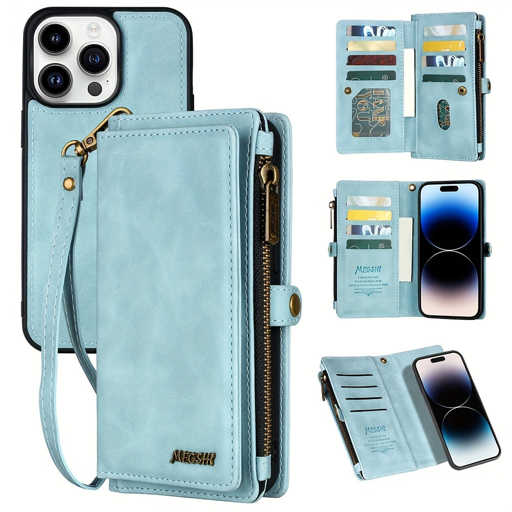 MEGSHI Faux Leather Wallet Phone Case for iPhone - Card Slots, Lanyard, Magnetic Detachable Cover, Zipper Pocket and Cash Slot