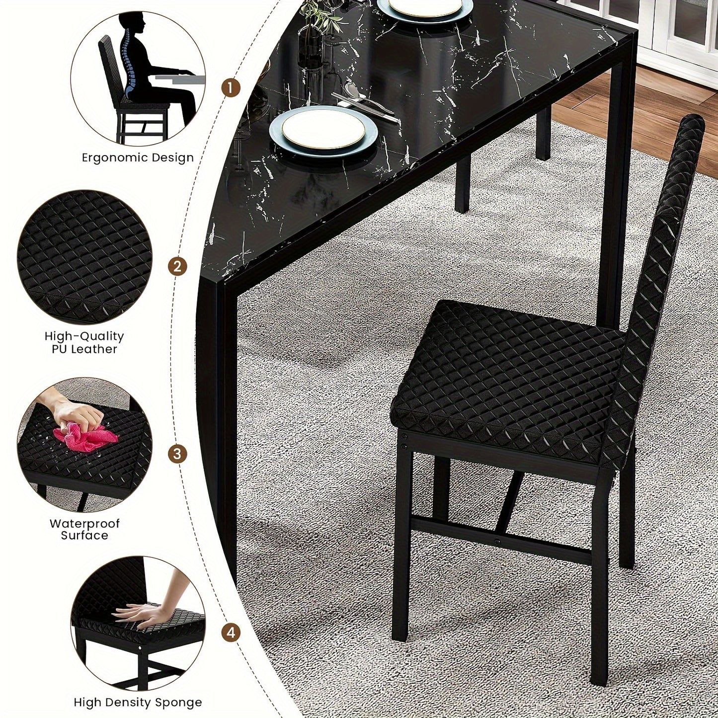 5 Piece Modern Luxurious Dining Room Table Set - Tempered Glass Top, Metal Frame, Faux Leather Chairs, Counter Height for 4 Person Breakfast Nook