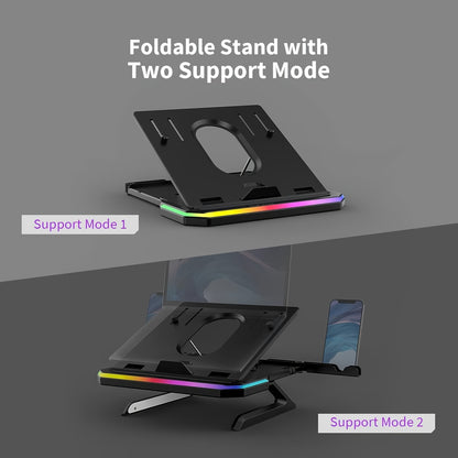 Height-Adjustable Laptop Stand with RGB Lighting and Dual Phone Holders – Compatible with MacBook, Surface, Samsung, Dell 10-17 Inch Laptops