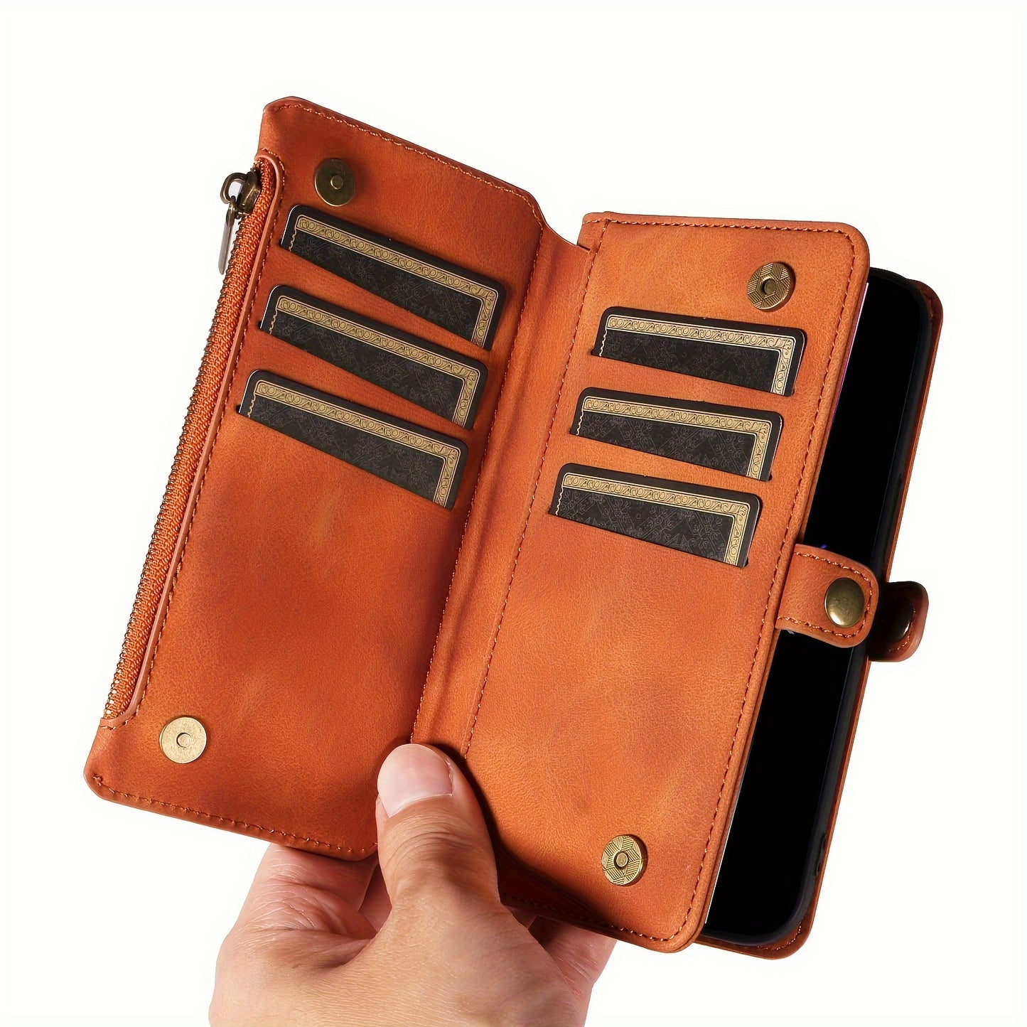 iPhone 15/14/13/12/11 Pro Max Wallet Case – PU Faux Leather Blocking Case with 9 Credit Card Holders, Zipper Closure, Protective Cover for Men & Women