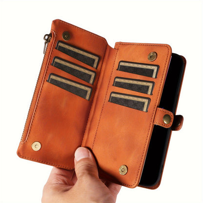 iPhone 15/14/13/12/11 Pro Max Wallet Case – PU Faux Leather Blocking Case with 9 Credit Card Holders, Zipper Closure, Protective Cover for Men & Women