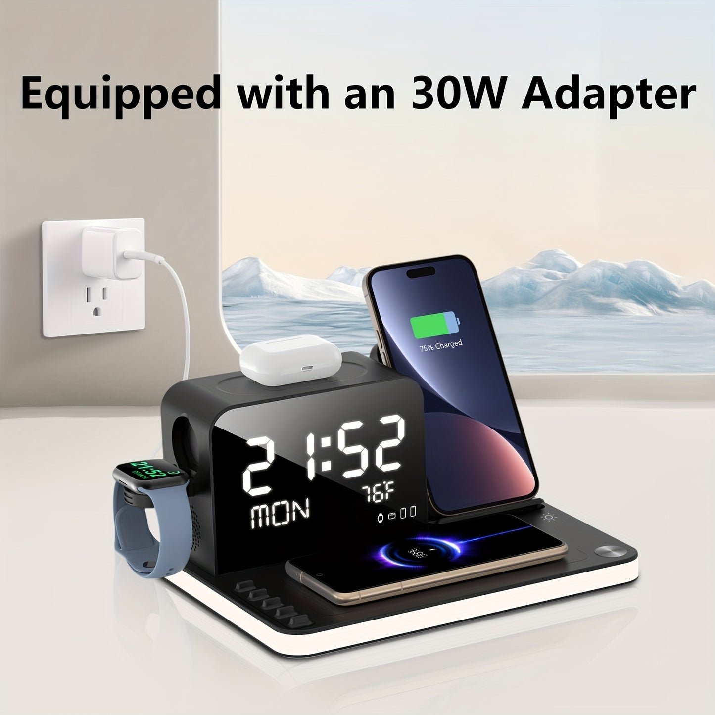 7 in 1 Dual Phone Wireless Charging Station with Night Light – Phone Holder, Time Sync, Week & Temperature Display, 30W Adapter for iPhone, AirPods, and iWatch, Fast Charging Dock with USB-C and USB-A Output
